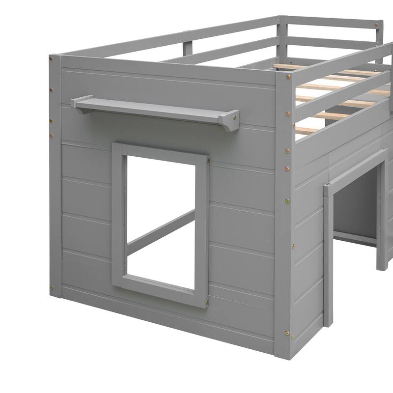 Twin Size Low Loft Bed with Drawers, Shelf and Cabinet, Storage Platform Bed, Solid Wood Bed Frame with Ladder and Guardrails