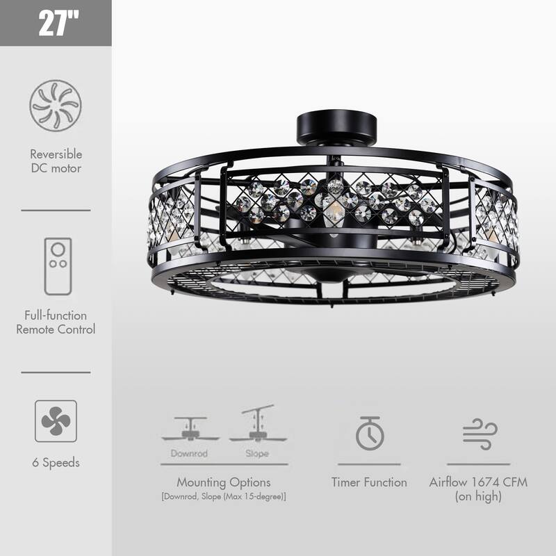 27" Matte Black 3-Blade Crystal Low Profile Ceiling Fan with Remote
