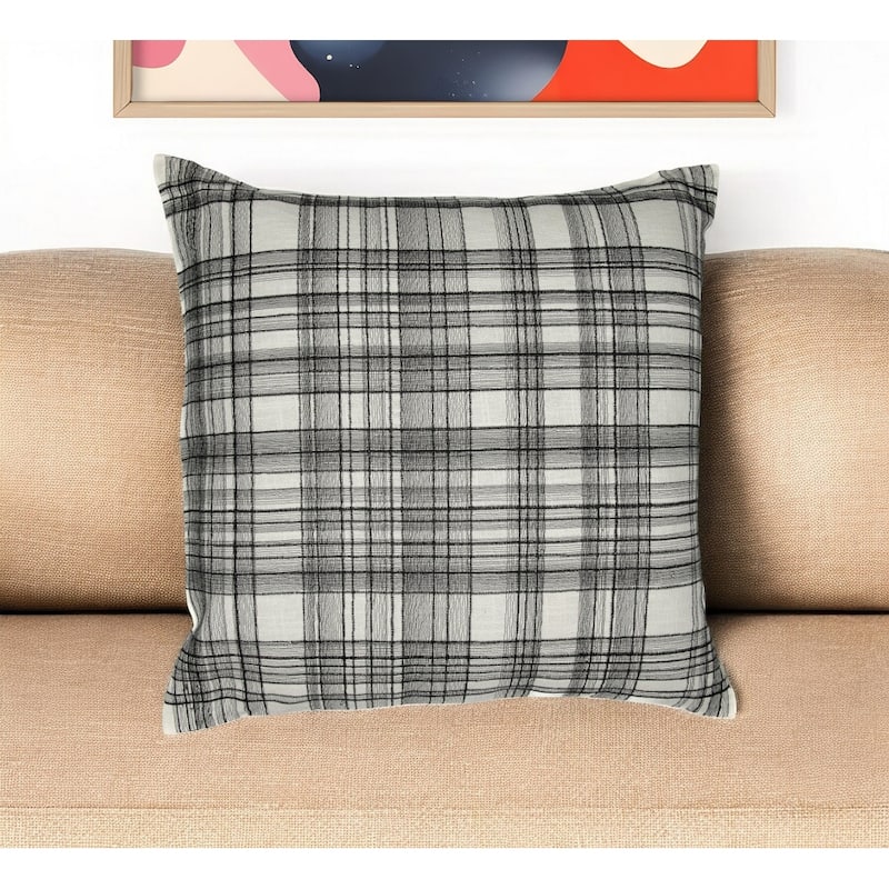 HomeRoots 24" White and Black Check Cotton Blend Throw Pillow With Embroidery - Accent - Polyester