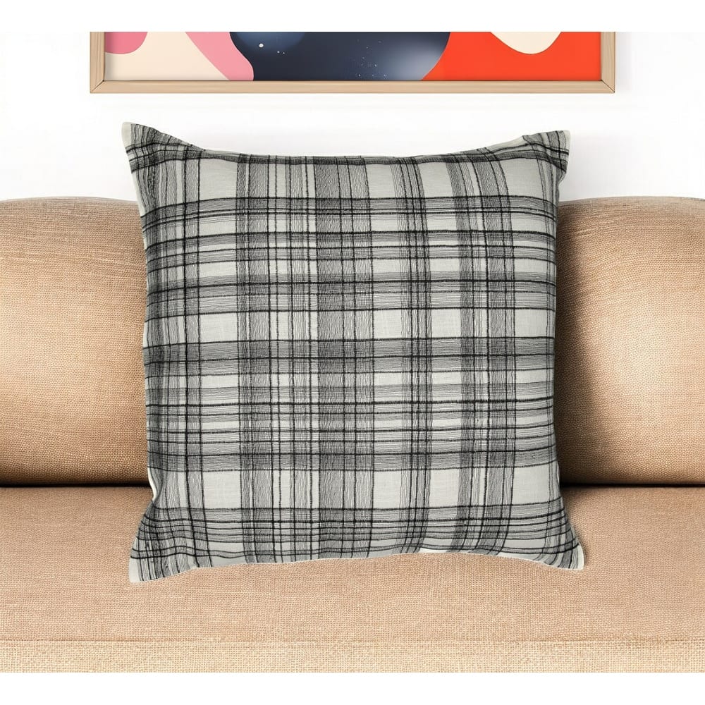 HomeRoots 24" White and Black Check Cotton Blend Throw Pillow With Embroidery