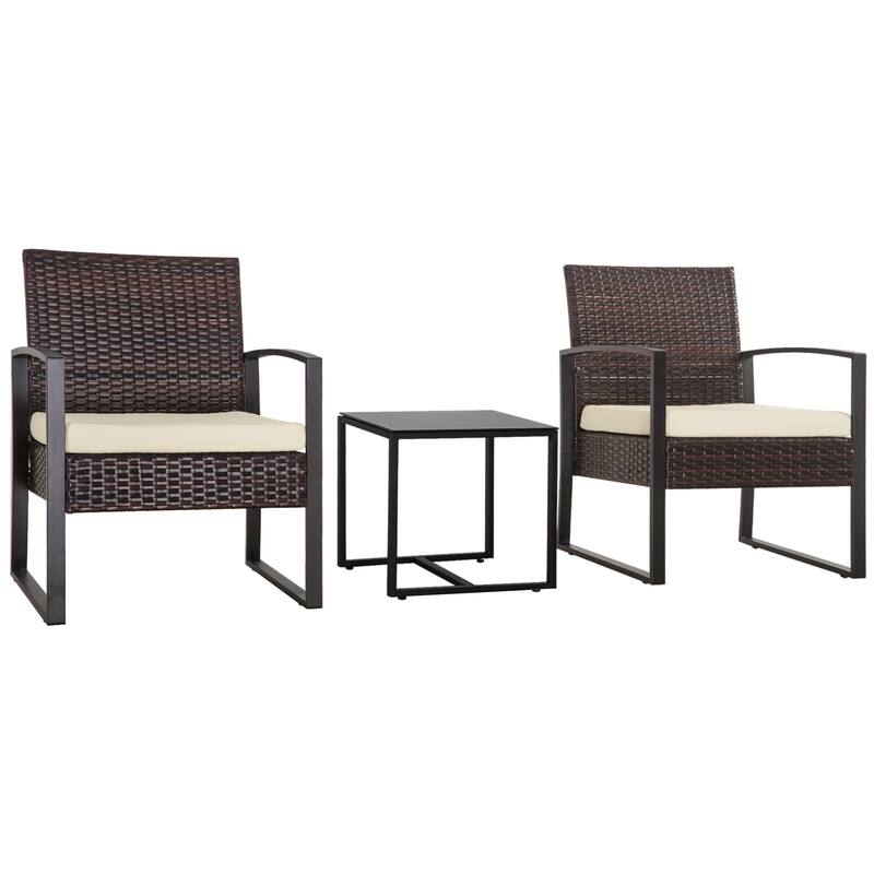 3-PC Outdoor Wicker Conversation Set w/ 2 Cushions, Glass Coffee Table