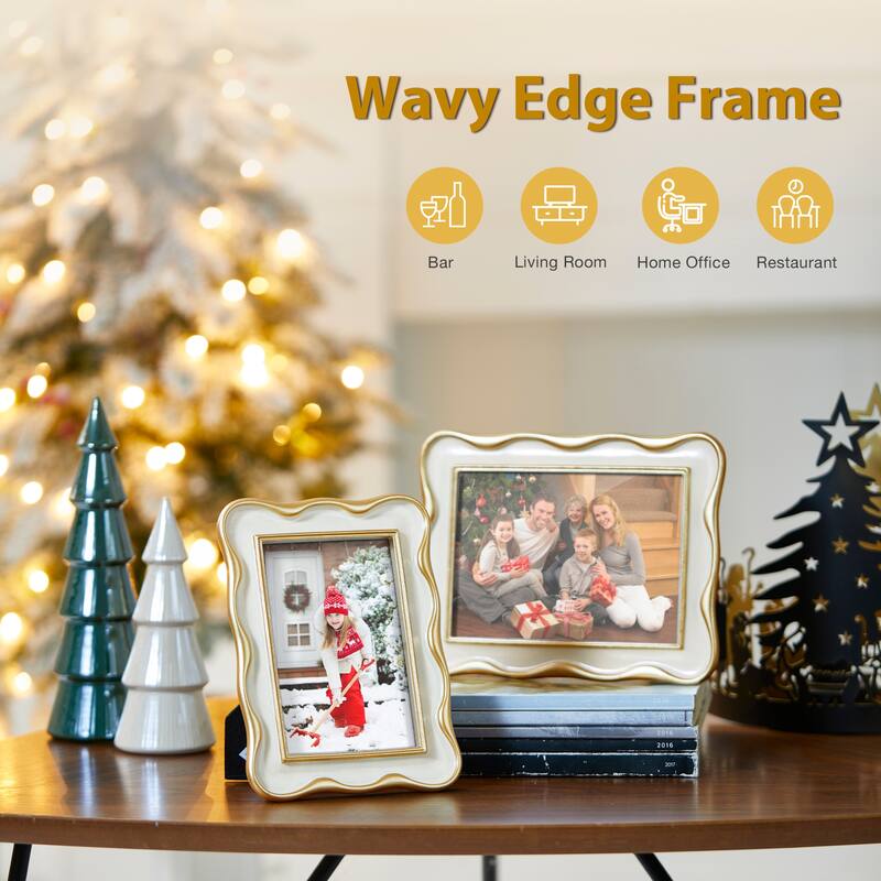 Glitzhome Set of 2 Vintage White Gold Wavy Resin 4x6 & 5x7 Tabletop or Wall Picture Frames