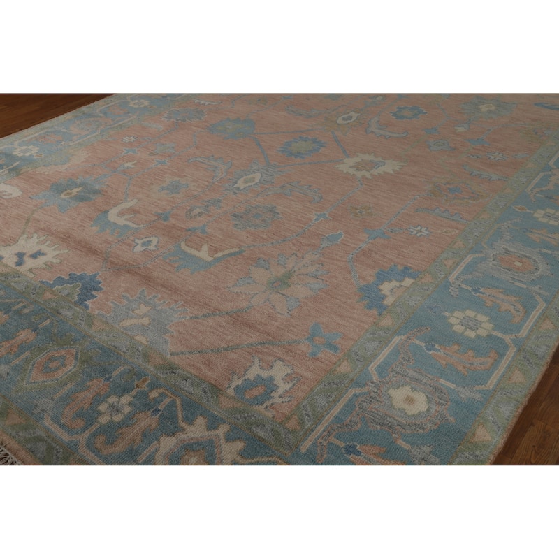 Pink Blue Floral Oushak Indian Area Rug Handmade Wool Carpet - 9'0" x 11'11"