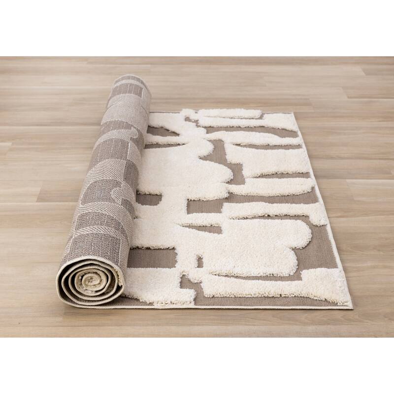 Taupe White Abstract Geometric Shapes Rug