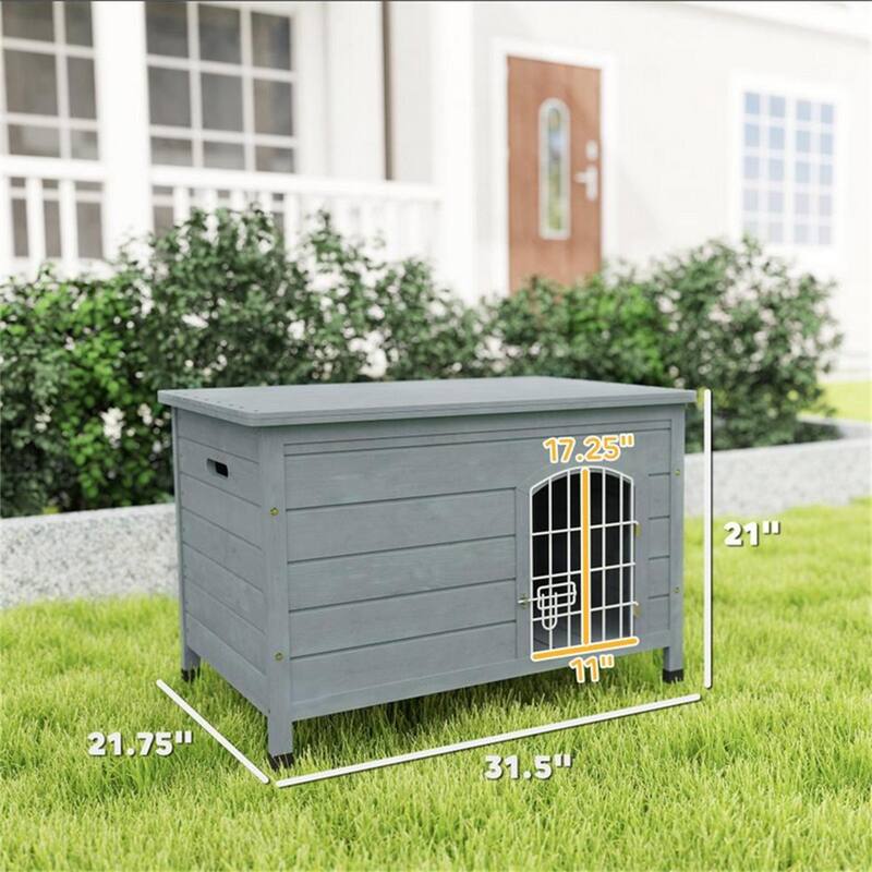 Dark Gray Fir Wood Dog Kennel House with Wire Lock Door Removable Bottom Panel