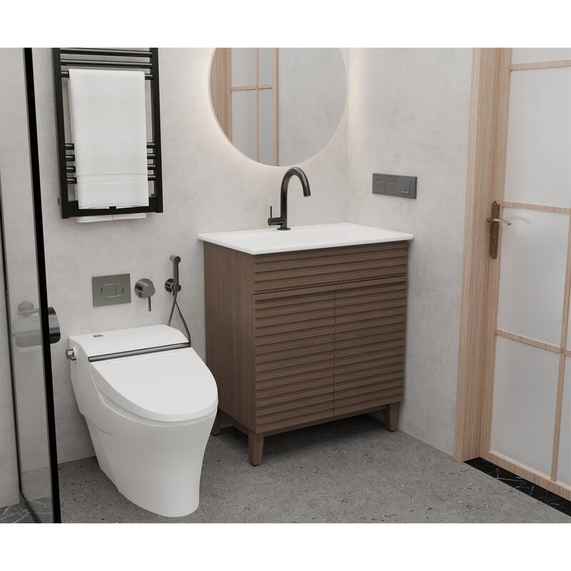 30-inch Brown Bathroom Vanity with Louvered Doors and Sink Combo