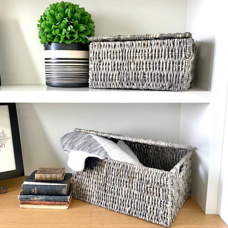 Woven Grass Grey Rectangular Lidded Storage Baskets (Set of 2) - Grey