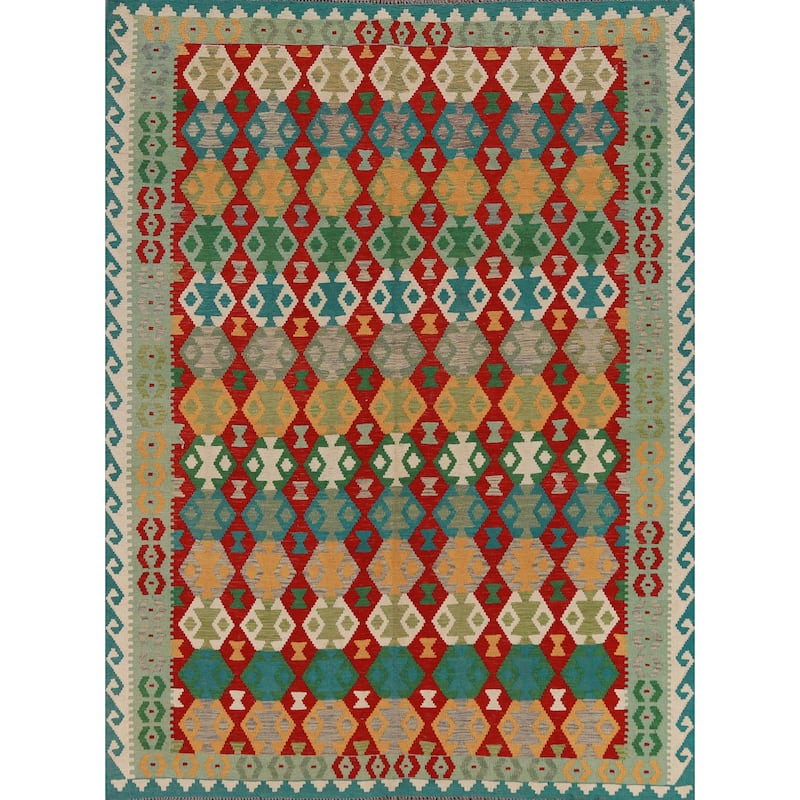Hand Woven Oriental 100% Wool Carpet Southwestern All-Over Multi-Colored Kilim Area Rug - 8' 4'' X 6' 4''