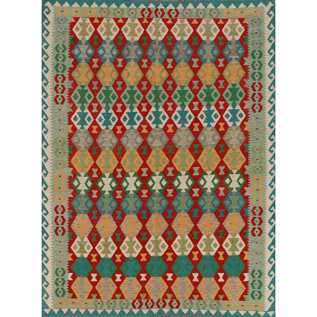 Hand Woven Oriental 100% Wool Carpet Southwestern All-Over Multi-Colored Kilim Area Rug - 8' 4'' X 6' 4''