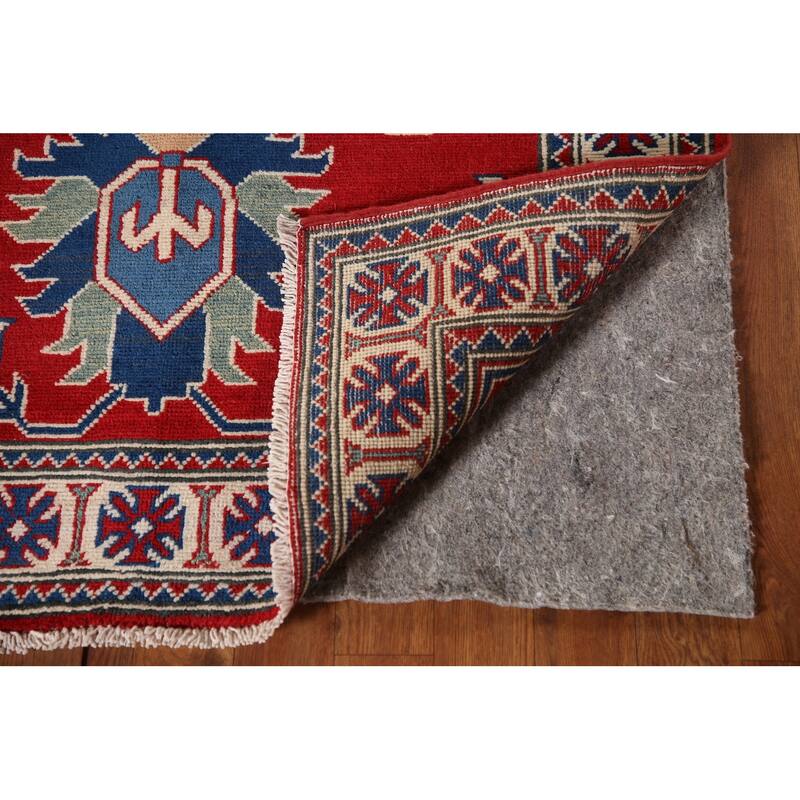 Geometric Red Kazak Accent Rug Handmade Traditional Wool Carpet - 3'4"x 4'11"
