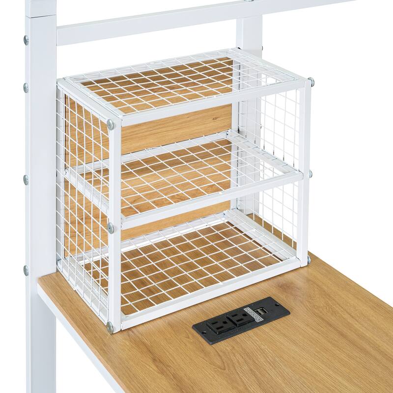 Twin Size Metal House Platform Bed Frame with Built-In Desk, USB Charging And Storage Shelves