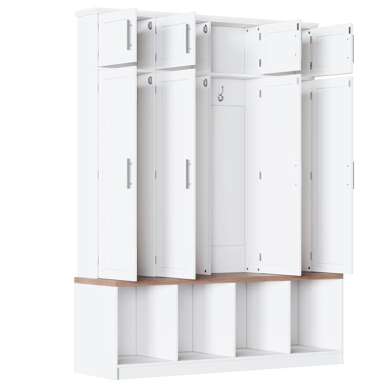 Farmhouse Hall Tree with 4 Hidden Hanging Hooks, Wood Bench Entryway Shoe Cabinet, Large 8 Doors Storage Cabinet for Foyer
