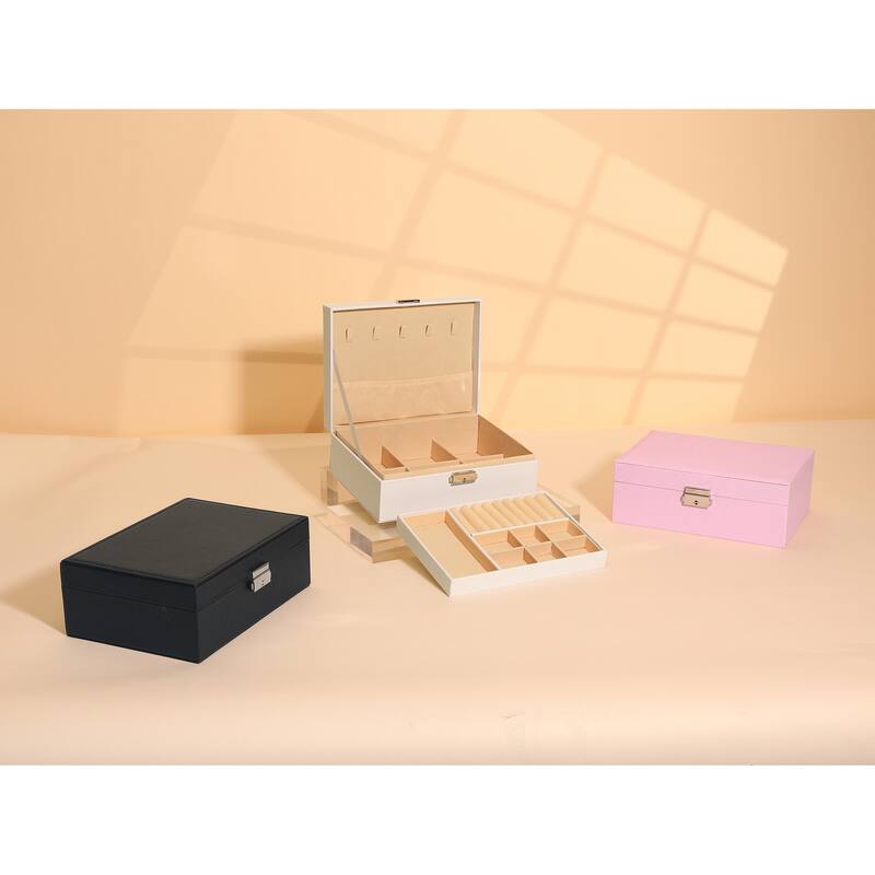 2 Layer Jewelry Box for Women Girls Birthday Gifts, PU Leather Jewelry Organizer Case Storage with Drawer - 23x17x9cm