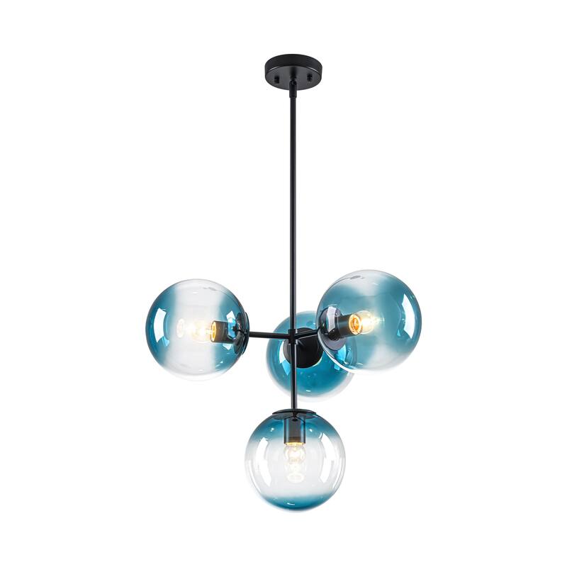 4-Light Modern Tiered Linear Sputnik Pendant Light in Brushed Gold/Black with Gradient Blue Glass Globes