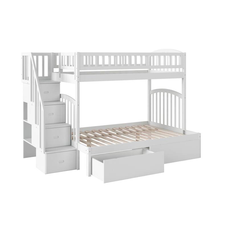 AFI Westbrook Twin over Full Size Staircase Bunk Bed with Bed Drawers & Charging Station in White