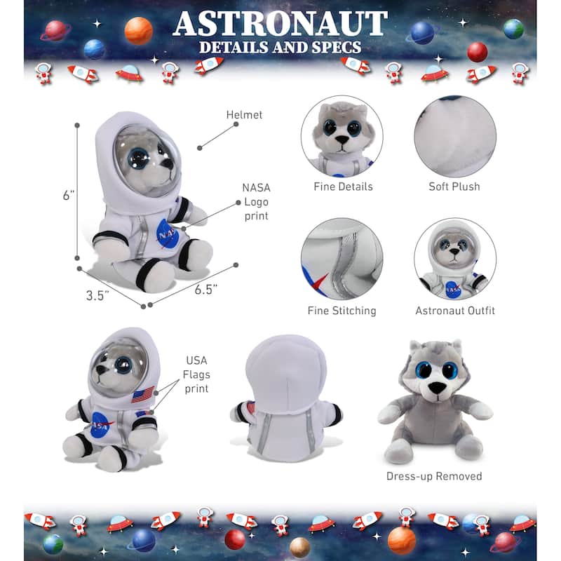 DolliBu Big Eyes Wolf Astronaut Plush with Space Helmet and NASA Suit - 6.5 inches