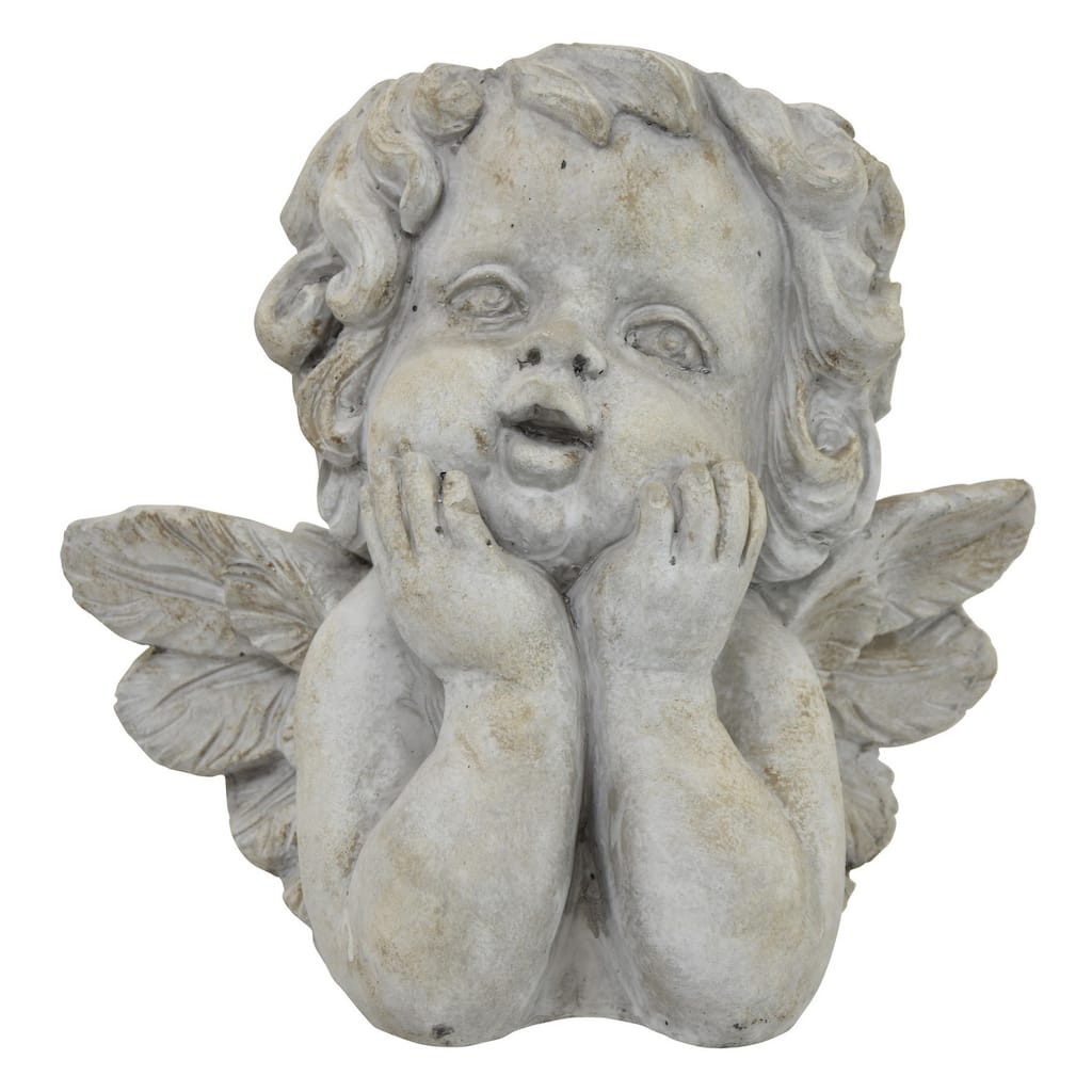 Cherub Bust Planter with Carved Wings and Curls, 10 Inch Gray Resin