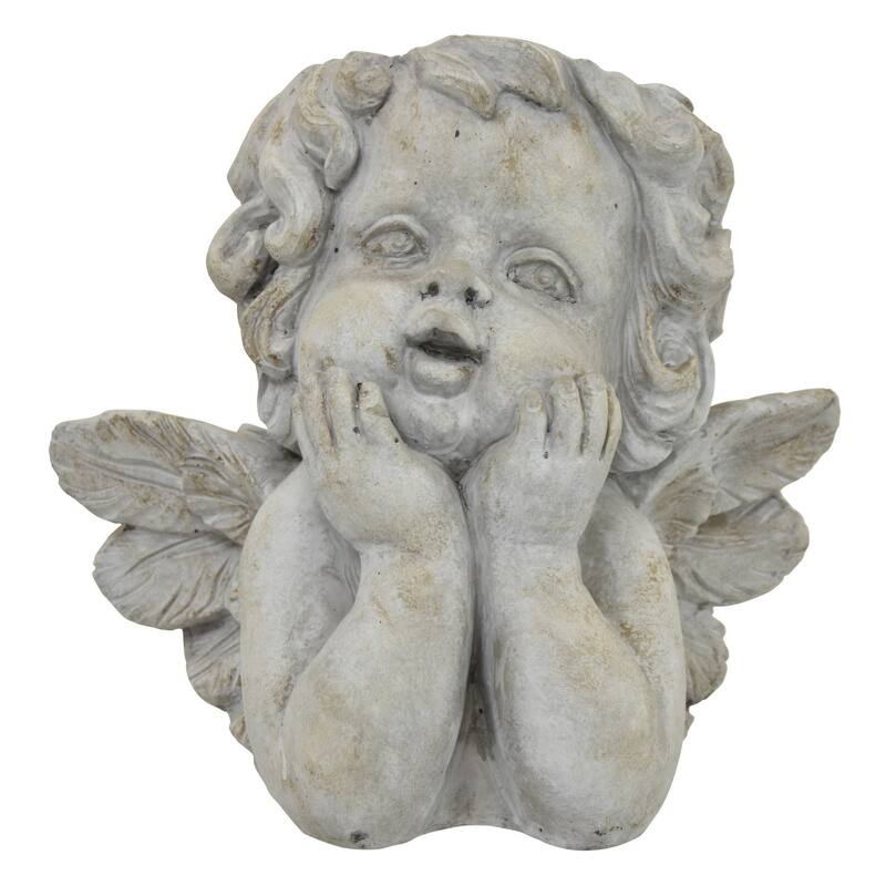 Cherub Bust Planter with Carved Wings and Curls, 10 Inch Gray Resin