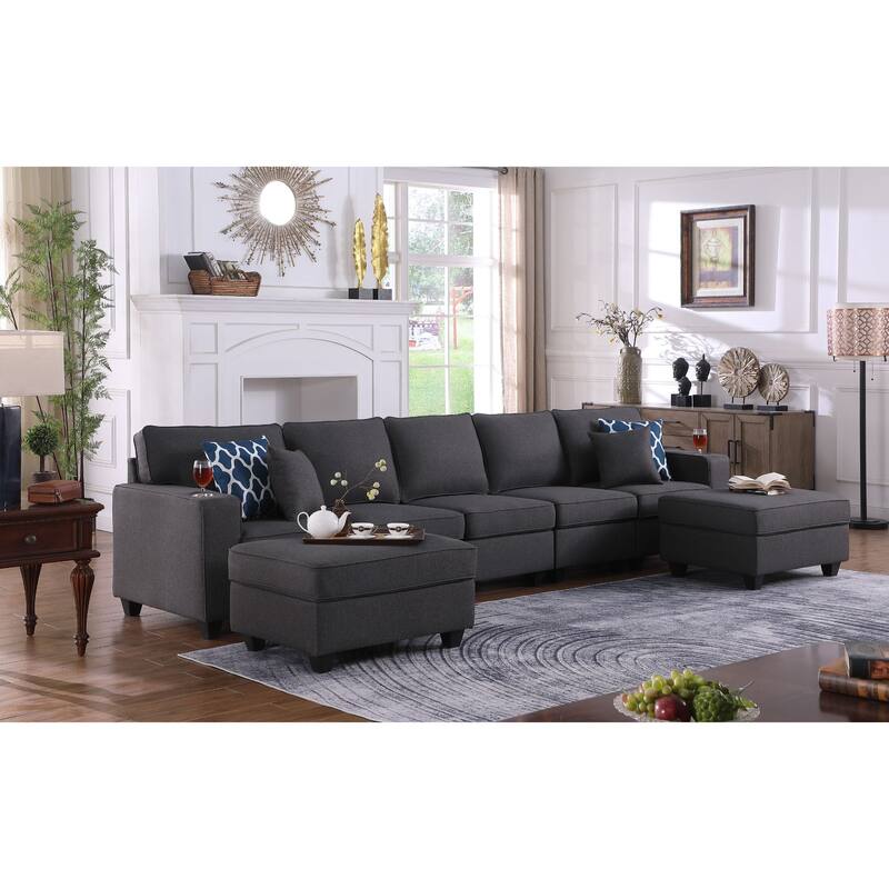 Linen Upholstered 5-Seater Sofa with 2 Ottomans in Dark Gray - Dark Gray/Brown