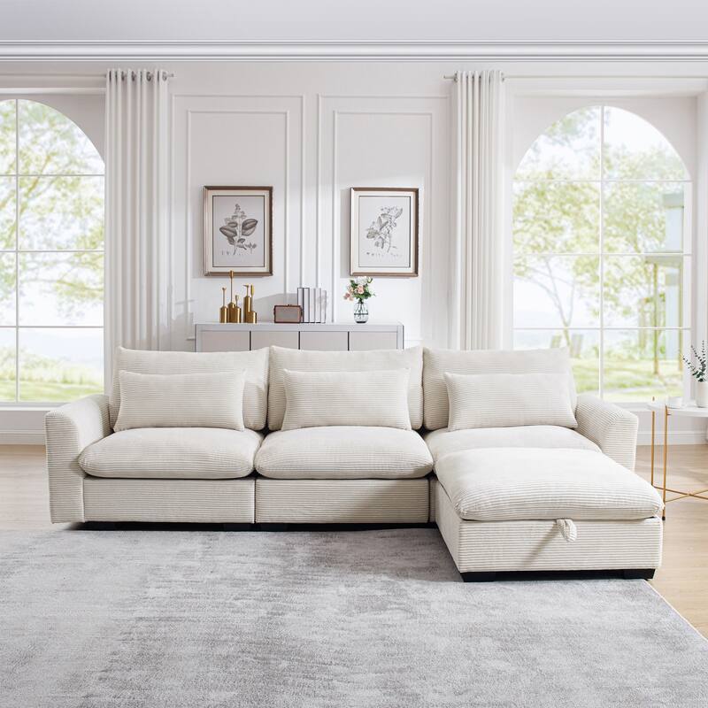 Modern L Shaped Modular Corduroy Sofa with Storage Ottoman and Plush Cushions for Living Room or Guest Room - Beige