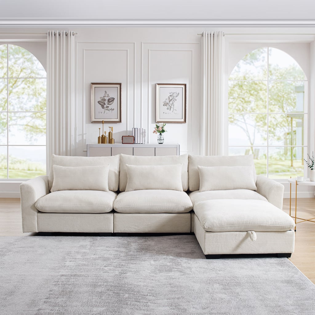 Modern L Shaped Modular Corduroy Sofa with Storage Ottoman and Plush Cushions for Living Room or Guest Room