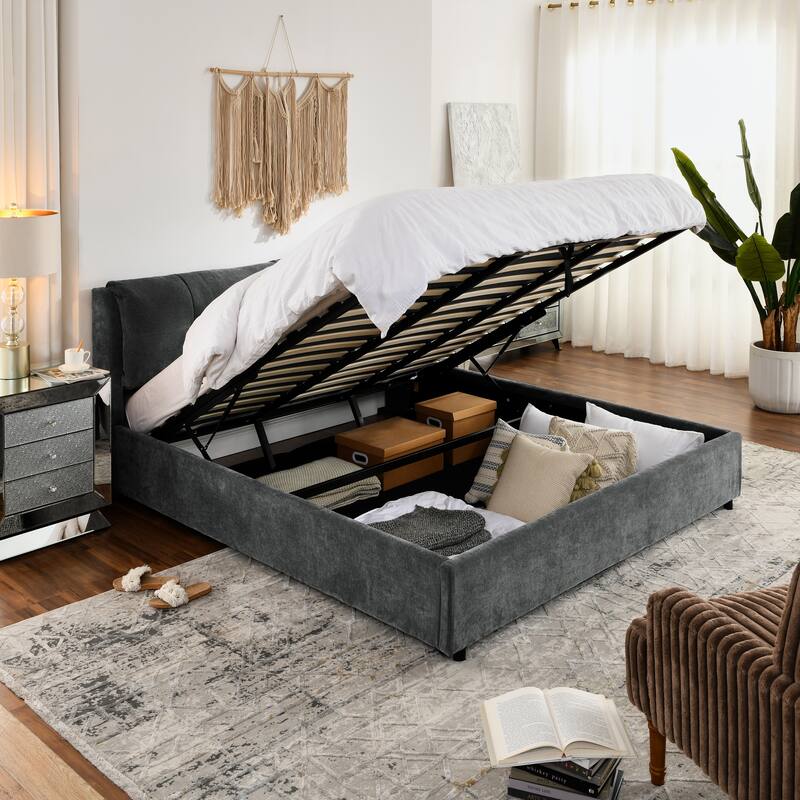 King Size Storage Upholstered Hydraulic Platform Bed with Integrated Headboard - Grey