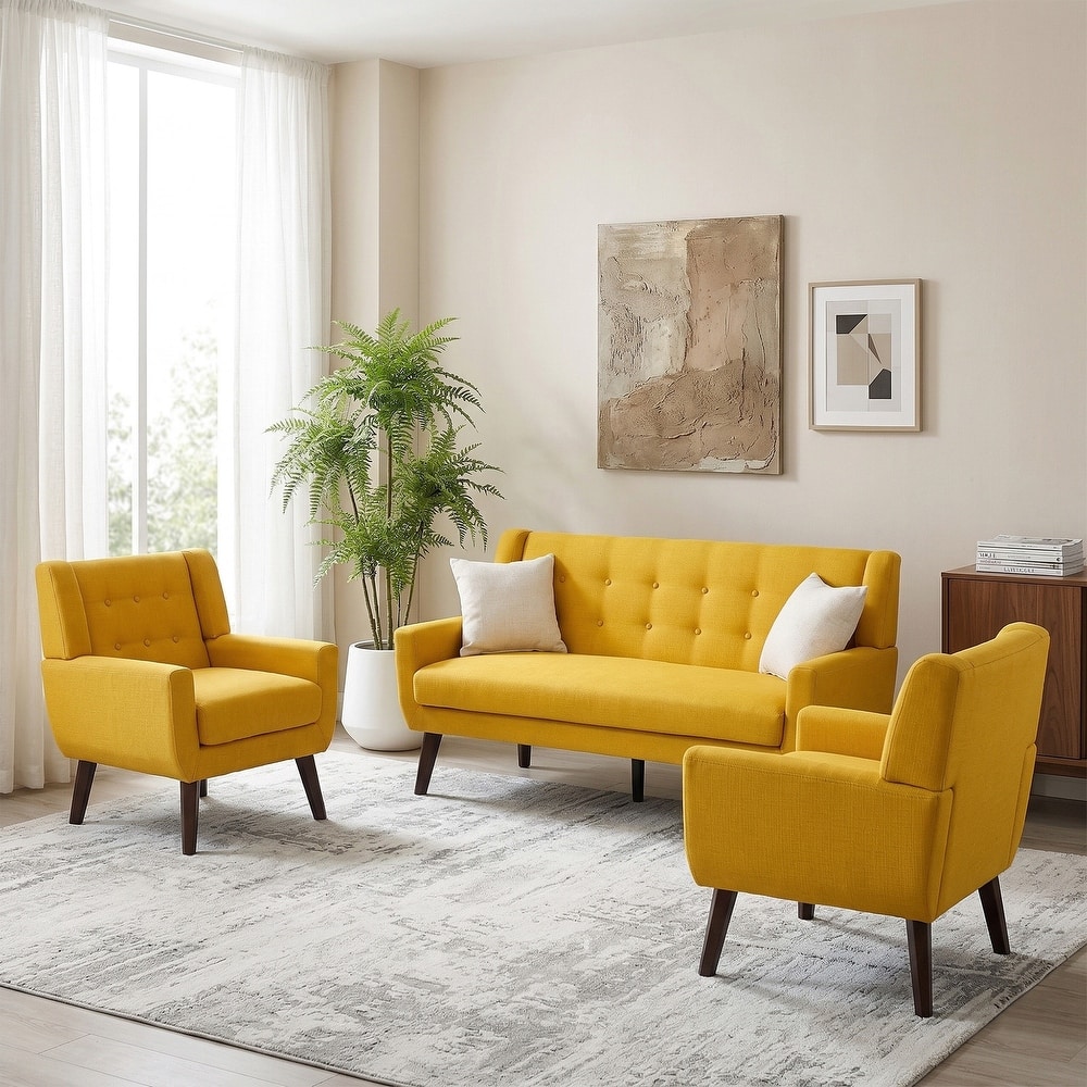 3-Piece Mid-Century Modern Living Room Set with Loveseat and 2 Chairs