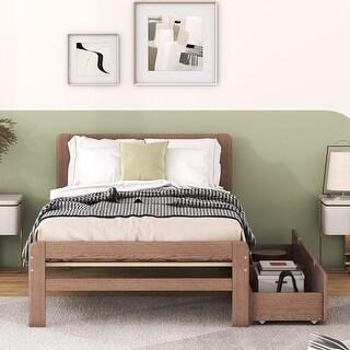 Walnut Twin Size Platform Bed Frame with 2 Drawers and Headboard, Wood Storage Bed, No Box Spring Needed, for Boys Girls Adult
