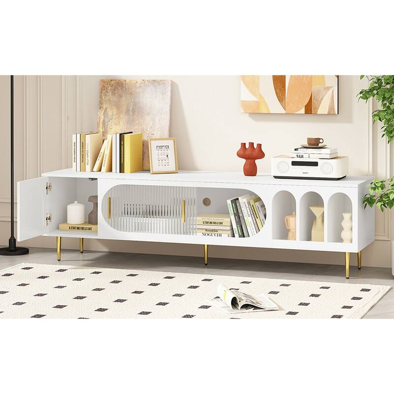 Modern TV Stand with Arched Shelves, Sliding Acrylic Door, Golden Metal Handles, and Ample Storage, Fits TVs up to 70 Inches.