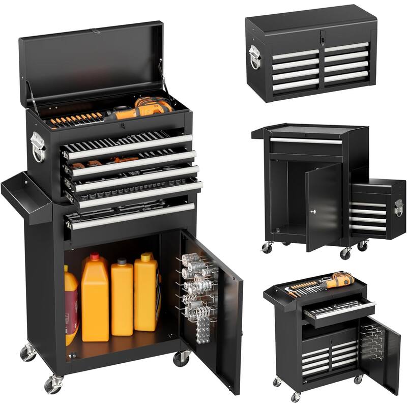 5 Drawer 2 in 1 Rolling Tool Chest Storage Box Garage Rolling Cabinet with Detachable Top Tool Box and Universal Lockable Wheels - Black