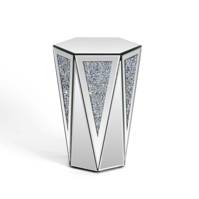 Hexagonal Mirror Top End Table with Crystal-Inlaid