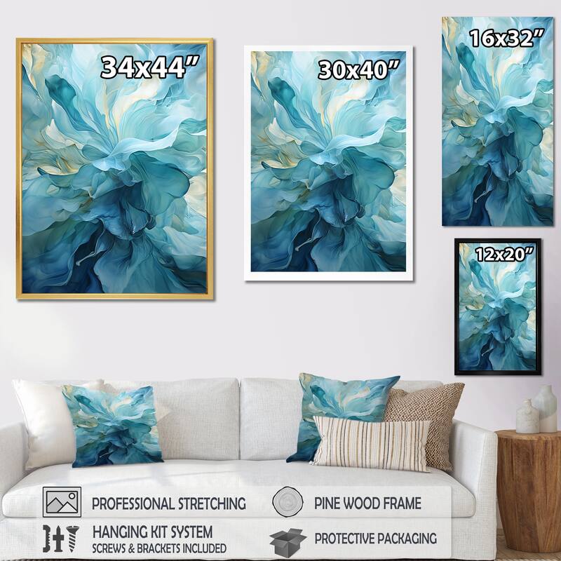 Designart "Aqua Blue And White Serenity Swirl IV" Abstract Spirals Framed Canvas Art Print
