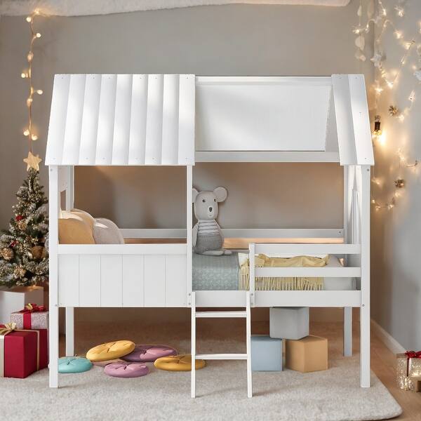 slide 2 of 15, Elegant Twin Size Low Loft Wood House Bed with Two Side Windows, Superior Quality & Better Sleeping Environment, White White