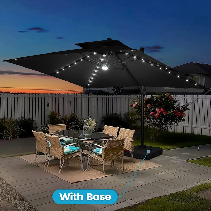 13 x 10 FT Outdoor Patio Cantilever LED Lighted Double Vented Umbrella with Base - Black