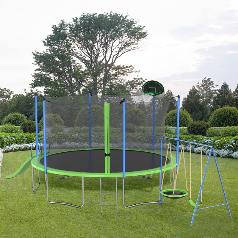 12FT Trampoline with Slide and Swings(Double color cover), Trampoline with Basketball Hoop and Ladder