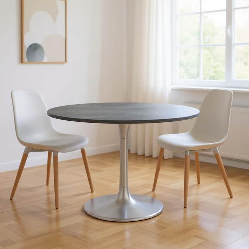 HomeRoots 48" Gray and Silver Marble and Aluminum Pedestal Base Round Top Dining Table - 48.00 in. x 29.90 in. x 48.00 in. - Silver - 48.00 in. x 29.90 in.  x 48.00 in.