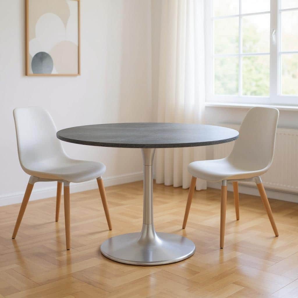 HomeRoots 48" Gray and Silver Marble and Aluminum Pedestal Base Round Top Dining Table - 48.00 in. x 29.90 in. x 48.00 in.