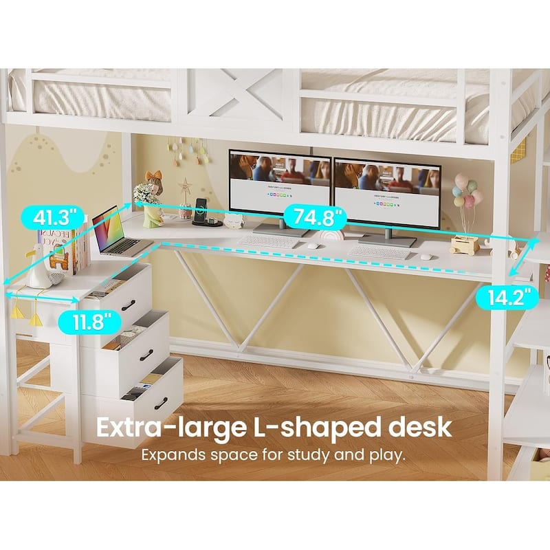 Stairway Twin Size Loft Bed with L Shaped Desk and Wardrobe 3 Drawers