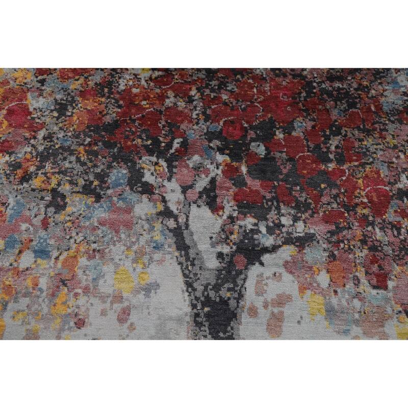 Hand Knotted Oriental 100% Silk Carpet Modern Floral Greys & Charcoal Abstract Area Rug - 10' 3'' X 8' 0''