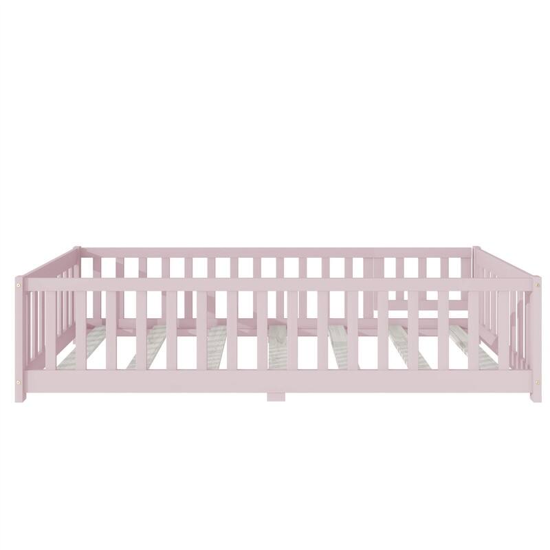 Twin/Full/Queen Size Floor Bed with Fence Guardrails and Door, Rubber Wood Toddler Bed Montessori Bed with Slats Support