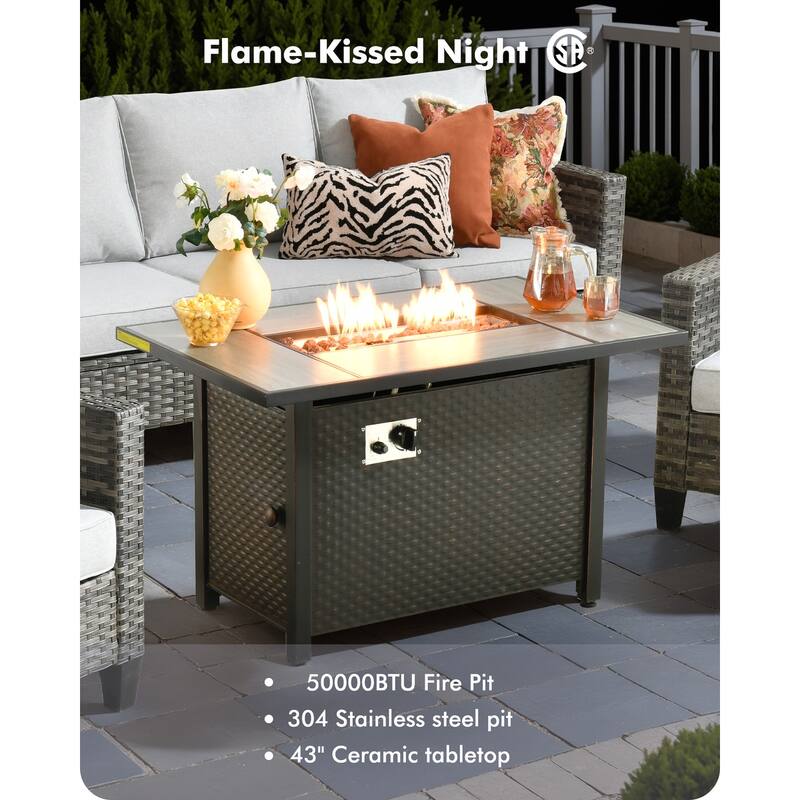 OVIOS 7 Pieces Patio Furniture Set with Solar-Powered Table & Fire Pit