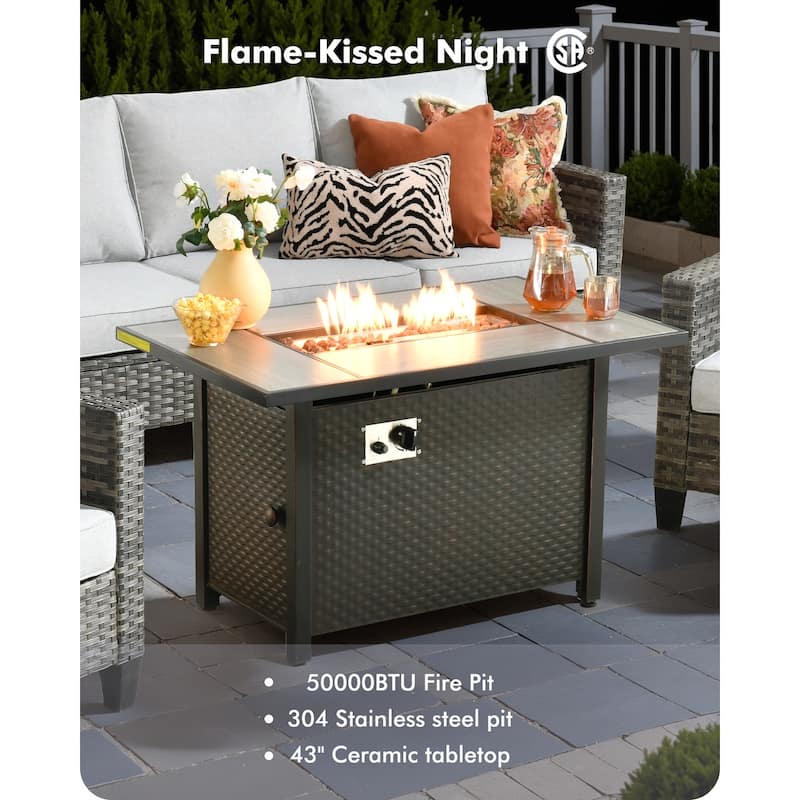 OVIOS 9 Pieces Patio Furniture Set with Solar-Powered Table & 54" Fire Table