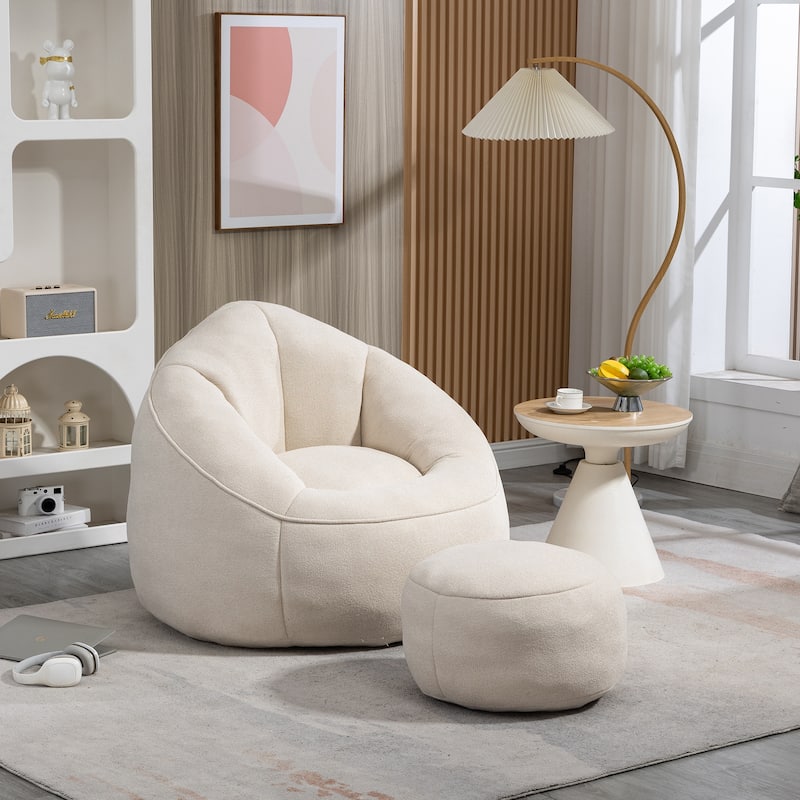 Beige Modern 40" Microfiber Upholstered Accent Chair with Ottoman and Padded Foam Padding Compressed for Living Room