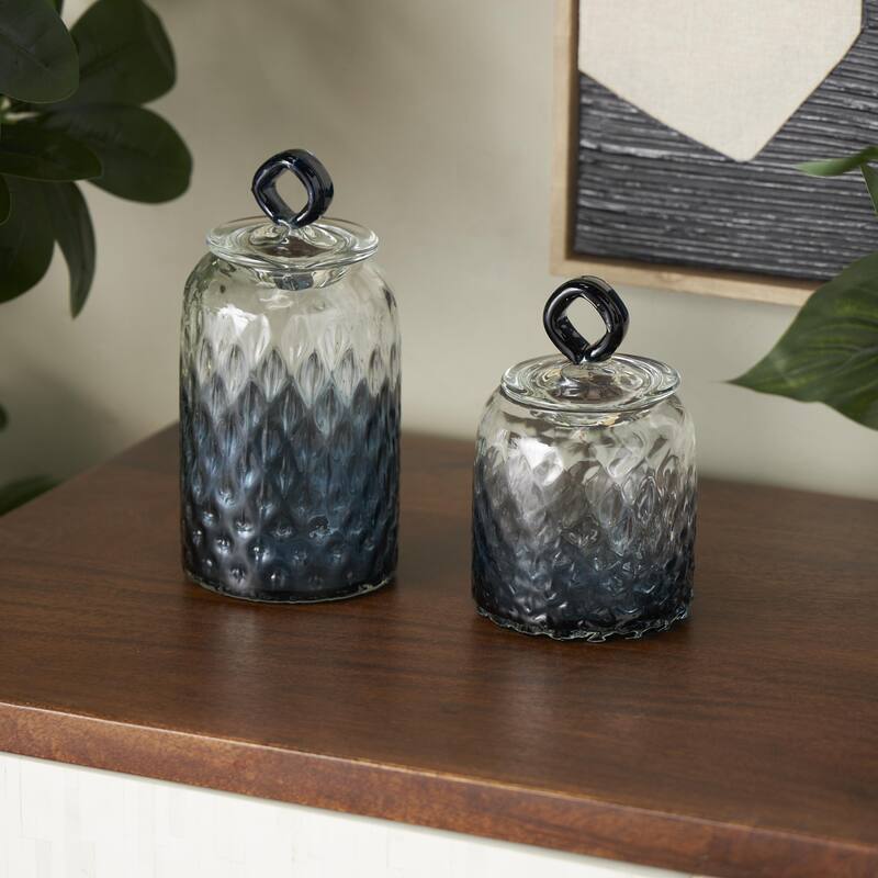 Glass Geometric Faceted Ombre Decorative Jars with Diamond Knobs - Set of 2 Dark Blue - Roche River Decor