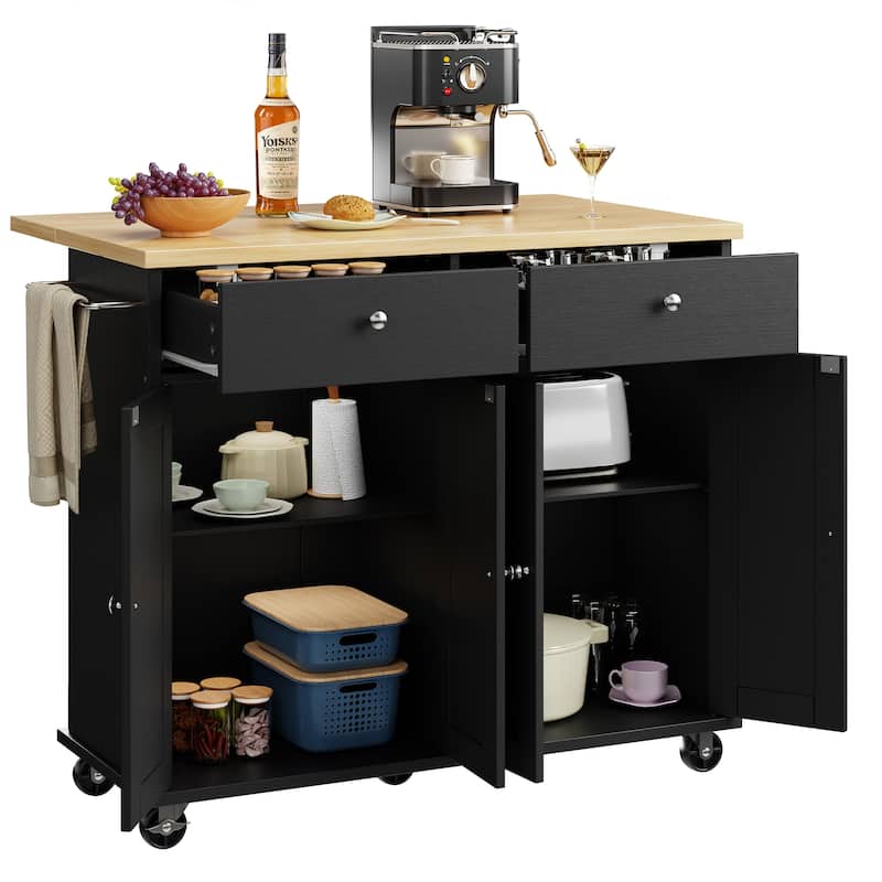 Kitchen Storage Island with 2 Drawers & Extendable Countertop - Rolling Storage Cart with Towel Rail, Lockable Wheels