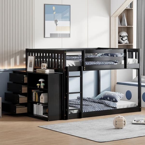 slide 2 of 9, Modern Style Full over Full Bunk Bed with 4 Drawers and 3 Shelve, Platform Bed Frame with Ladder, Brown Brown - Full