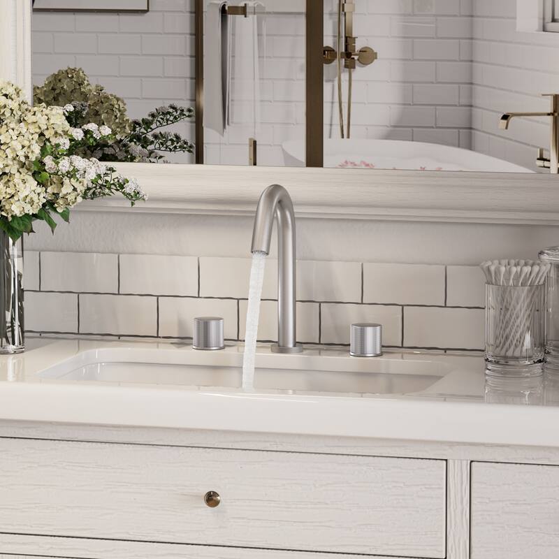 Mondawe Deck Mounted 8 Inch Widespread Double-Handle Bathroom Faucet in Brushed Nickel for Bathroom, Vanity, Laundry