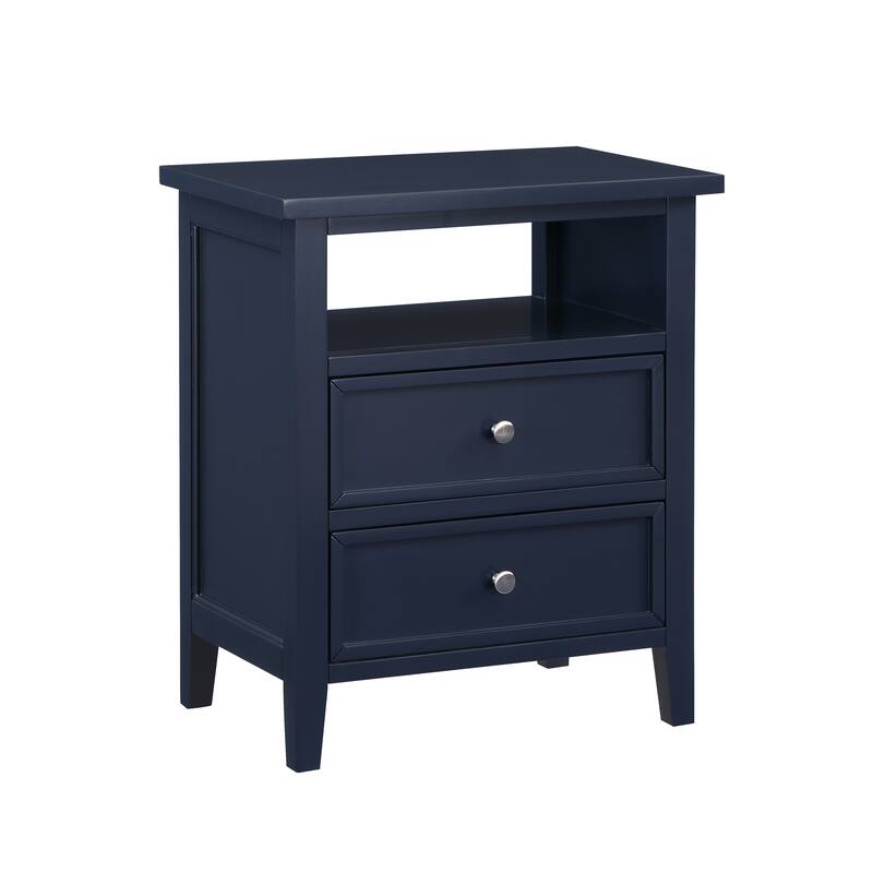 2- Drawer Nightstand with Nickel Knobs and Open Shelf Solid Wood Construction