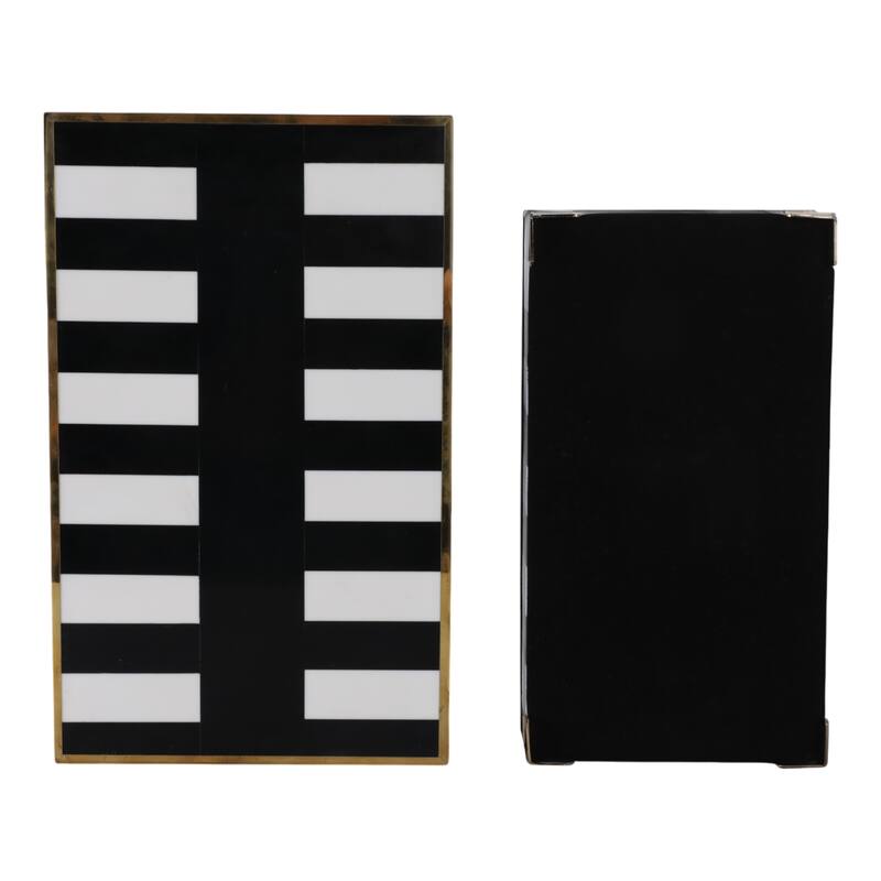 Resin Decorative Boxes with Stripe (Set of 2) - 4" & 3" Black, White - 14" x 8.5" x 4"