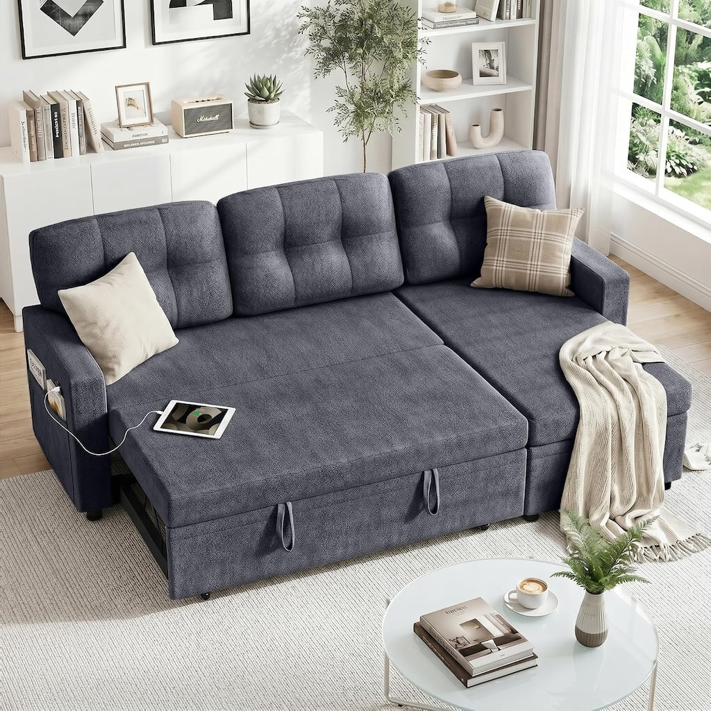 82" L Shaped Sectional Sleeper Sofa with USB Charging Ports,3-Seater Pull Out Couch Bed with Storage Chaise